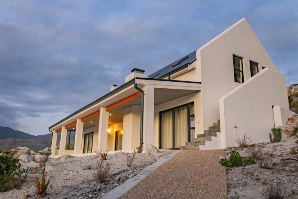 Contemporary property exterior at The Crags in evening light