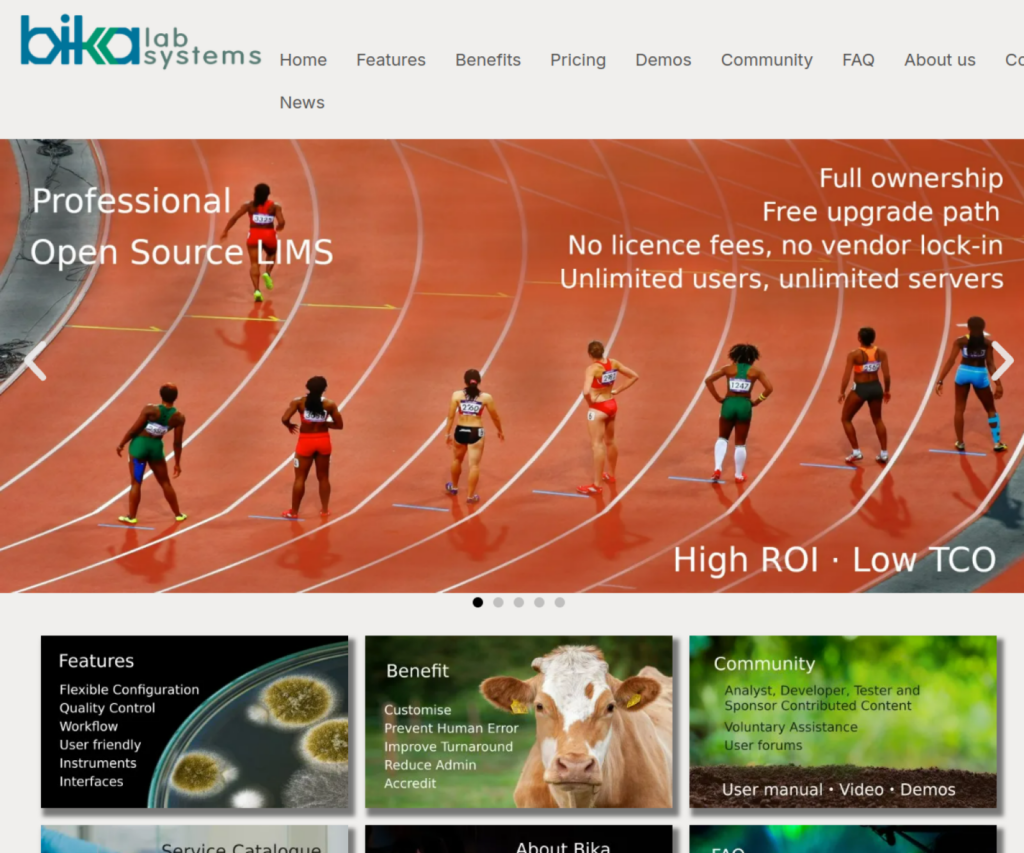 BikaLabs public website homepage with laboratory systems presentation and navigation